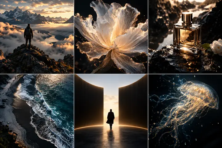 A dark, premium grid of six cinematic image and video previews, from landscape photography to abstract light and product imagery.