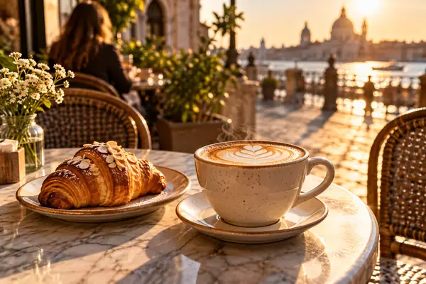 A freshly made coffee and pastry on a sunlit café table, framed like an inviting social advertisement.