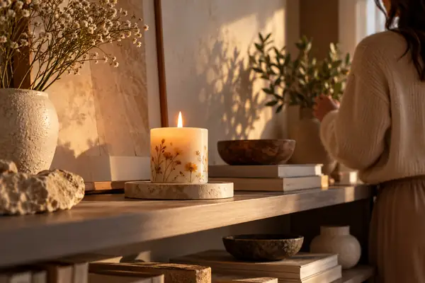 A handmade candle on a minimal interior shelf, warmly lit and composed for a product campaign.