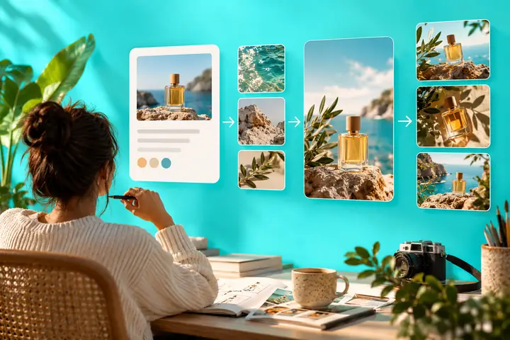 A polished creative-planning interface on a vivid turquoise background, showing a simple video brief card and a clear sequence of steps.