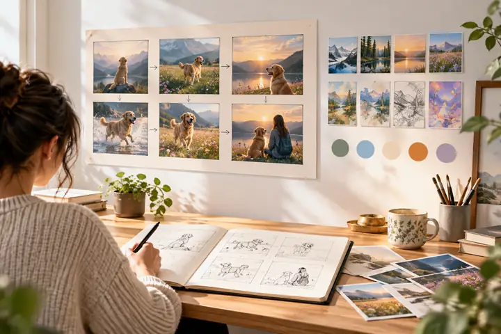 A clean creative workspace with a storyboard image card, small style choices, and a bright prompt panel arranged on a pale background.