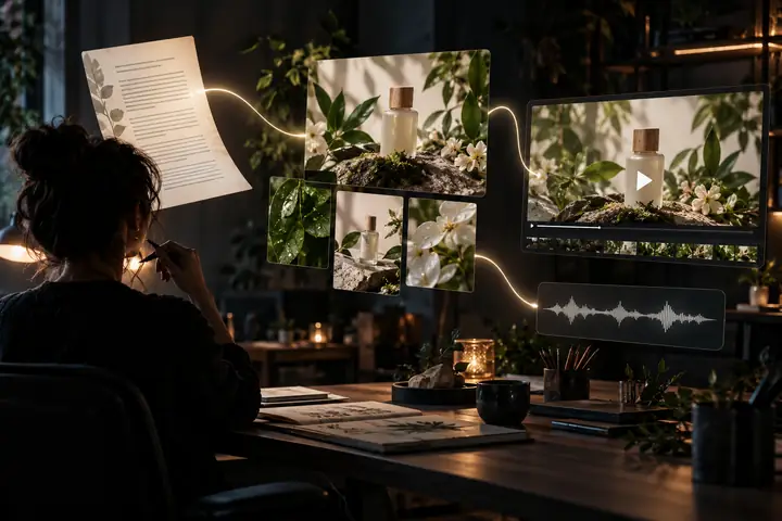 An elegant dark creative workspace connecting a product script, botanical product photographs, a short video preview, and an audio waveform.