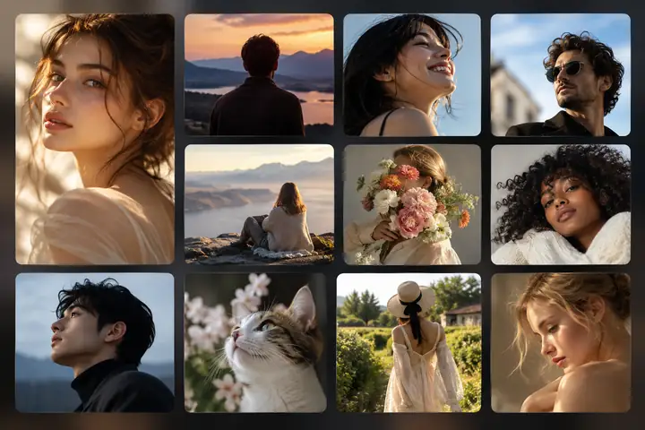 A refined creative asset library interface displaying a small collection of diverse character portraits and saved project subjects.