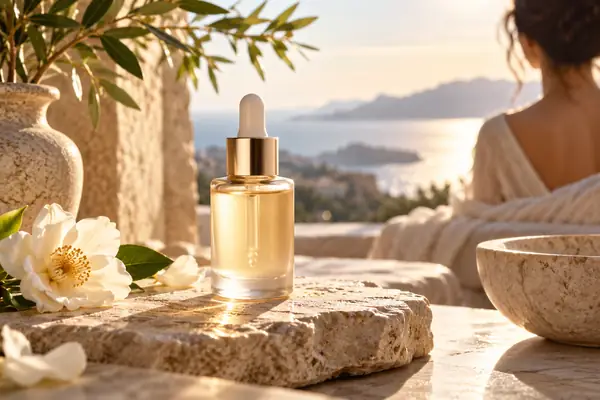 A premium skincare serum bottle in soft morning sunlight with a calm, polished advertising mood.
