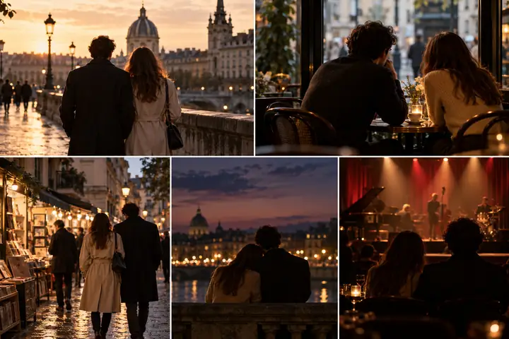 A cinematic five-frame montage showing recurring characters across city streets, an intimate café, and an evening performance, with consistent film color.