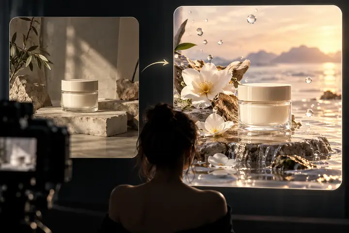 A dark interface showing a beauty-product video reference transforming into a fresh campaign version, with two distinct polished product frames.