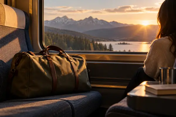 An understated travel bag beside a train window, photographed with an editorial brand-campaign feel.